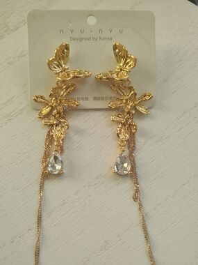 Gold Butterfly Drop Earrings with Crystal Teardrops